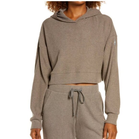 ALO Yoga Tops - ALO MUSE SHADOW GREY RIBBED CROP HOODIE